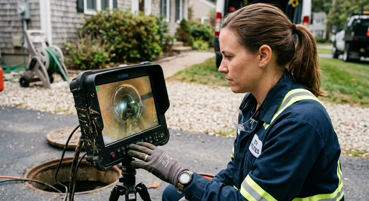 Technician reviewing sewer camera inspection footage in Craig