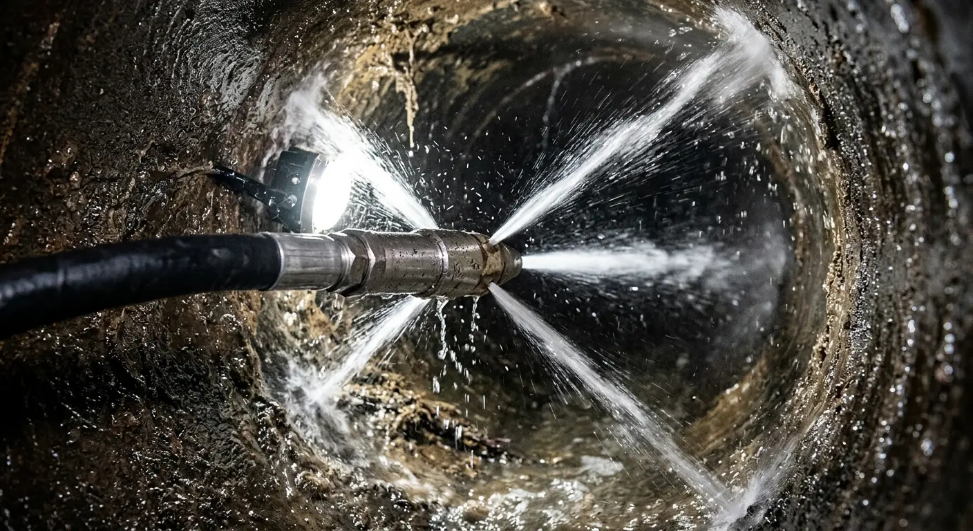 High-pressure hydro jetting nozzle cleaning sewer pipe for Sewer Cleanout in Craig