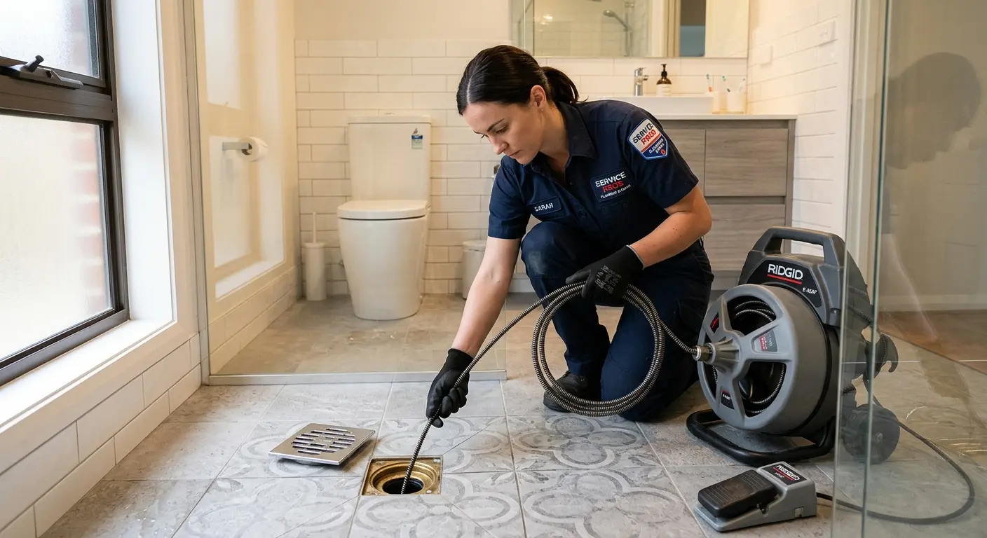 Technician clearing a bathroom floor drain for Sewer Line Installation in Craig